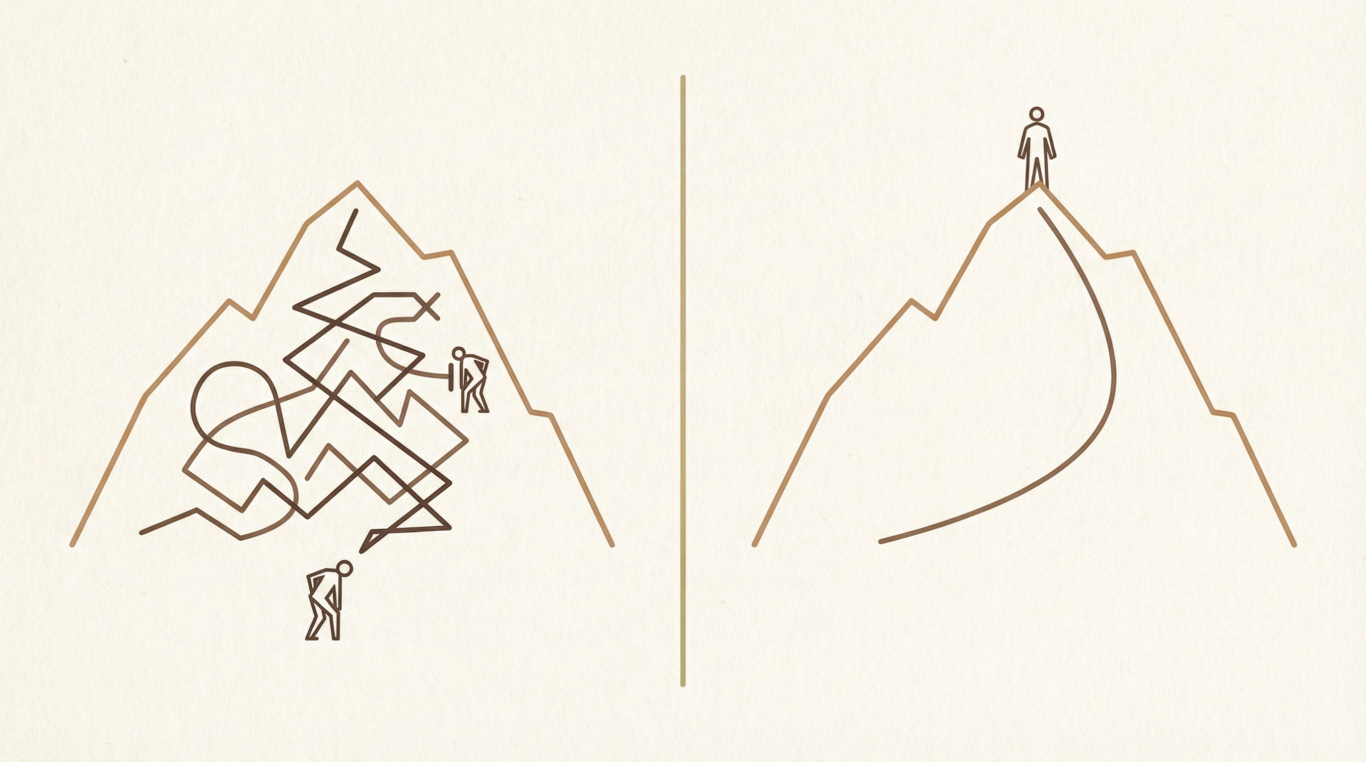 Minimalist illustration showing two approaches to climbing a mountain: one with a chaotic, tangled path representing misordered decisions, and another with a clean, efficient path representing proper sequencing